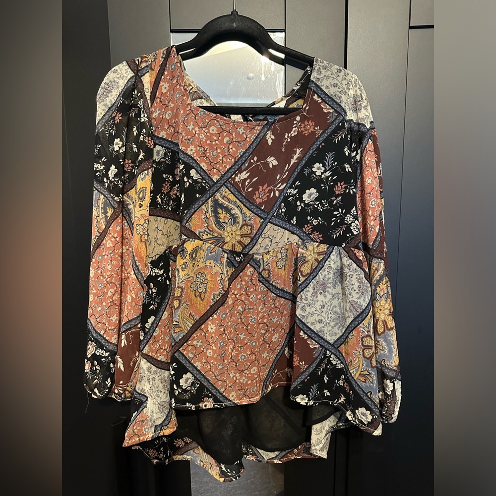 American Eagle Women's Square Neck Tunic Boho Patchwork Blouse Size L